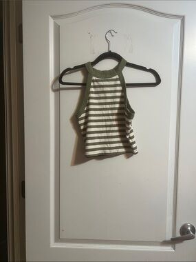 American Eagle Outfitters Olive Green & White Striped Halter Crop Top